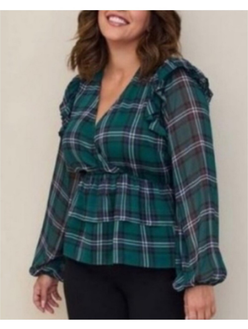 Torrid Chiffon Ruffled Surplice Hi-Lo Plaid Top
